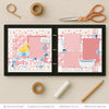 Bath Time Pink scrapbook page kit artwork with yellow rubber duck, blue soap bubbles, white clawfoot bathtub, gray soap bar, water splash die cuts, bath time title phrase, layered pink photo mats, soft pink blue yellow and white palette. Designed for Toddler Bath Photo Layout, Pink Bath Time Scrapbook Pages, pink heart patterned paper, pink plaid paper strips, pink and white argyle pattern, pastel star background.