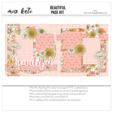 Beautiful 12x12 scrapbook page kit shown with large hand drawn flowers, sunflower patterned paper, pink gingham photo mats, soft pink polka dots, subtle plaid background, layered floral clusters, cream outlined blossoms, mustard yellow sunflowers. Designed for Floral Scrapbook Page Kit, Pink Flower Scrapbook Layout, beautiful script title, rounded floral paper panels, delicate leaf and stem accents, blush pink mustard and cream palette.