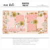 Beautiful 12x12 scrapbook page kit shown with large hand drawn flowers, sunflower patterned paper, pink gingham photo mats, soft pink polka dots, subtle plaid background, layered floral clusters, cream outlined blossoms, mustard yellow sunflowers. Designed for Floral Scrapbook Page Kit, Pink Flower Scrapbook Layout, beautiful script title, rounded floral paper panels, delicate leaf and stem accents, blush pink mustard and cream palette.