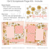 Detailed Beautiful scrapbook design featuring pink gingham photo mats, soft pink polka dots, subtle plaid background, layered floral clusters, cream outlined blossoms, mustard yellow sunflowers, beautiful script title, rounded floral paper panels. Designed for Sunflower Scrapbook Pages, Feminine Scrapbook Paper Kit, delicate leaf and stem accents, blush pink mustard and cream palette, large hand drawn flowers, sunflower patterned paper.