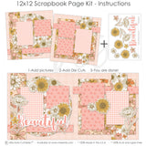 Finished Beautiful photo layout showing soft pink polka dots, subtle plaid background, layered floral clusters, cream outlined blossoms, mustard yellow sunflowers, beautiful script title, rounded floral paper panels, delicate leaf and stem accents. Designed for Feminine Scrapbook Paper Kit, Beautiful Memories Scrapbook Layout, blush pink mustard and cream palette, large hand drawn flowers, sunflower patterned paper, pink gingham photo mats.