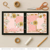 Beautiful scrapbook page kit artwork with subtle plaid background, layered floral clusters, cream outlined blossoms, mustard yellow sunflowers, beautiful script title, rounded floral paper panels, delicate leaf and stem accents, blush pink mustard and cream palette. Designed for Beautiful Memories Scrapbook Layout, Garden Themed Scrapbook Pages, large hand drawn flowers, sunflower patterned paper, pink gingham photo mats, soft pink polka dots.