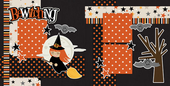 Bewitching scrapbook page kit — scrapbook paper kit, diy scrapbook kit, scrapbook supplies, pastel paper embellishments and photo mats, layered die cut titles for themed layouts, halloween crafts, coordinated background patterns and journaling spots, seasonal scrapbook page kits and die cuts, bewitching scrapbook, spooky scrapbook, witch scrapbook, moon scrapbook, acid-free double-sided scrapbook supplies, ready-to-glue title banners and photo frames
