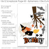 This Bewitching kit features — scrapbook craft kit, scrapbooking ephemera and cardstock cutouts, spooky scrapbook, halloween crafts, layered die cut titles for themed layouts, diy scrapbook kit, moon scrapbook, acid-free double-sided scrapbook supplies, 12x12 scrapbook kit, precut designs for memory journaling, coordinated background patterns and journaling spots, bewitching scrapbook, witch scrapbook, ready-to-glue title banners and photo frames
