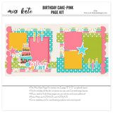 Birthday Cake Pink 12x12 scrapbook page kit shown with birthday cake patterned paper, white polka dot papers, scalloped pink borders, layered birthday cake, colorful birthday candles, pink teal and green stars, birthday cake title phrase, bright photo mats. Designed for Birthday Scrapbook Page Kit, Birthday Cake Scrapbook Layout, two page celebration layout, cake and candle embellishments, playful birthday party theme, pink teal green and yellow palette.