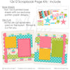 Detailed Birthday Cake Pink scrapbook design featuring scalloped pink borders, layered birthday cake, colorful birthday candles, pink teal and green stars, birthday cake title phrase, bright photo mats, two page celebration layout, cake and candle embellishments. Designed for Girls Birthday Scrapbook Pages, Colorful Birthday Photo Layout, playful birthday party theme, pink teal green and yellow palette, birthday cake patterned paper, white polka dot papers.
