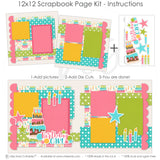 Finished Birthday Cake Pink photo layout showing layered birthday cake, colorful birthday candles, pink teal and green stars, birthday cake title phrase, bright photo mats, two page celebration layout, cake and candle embellishments, playful birthday party theme. Designed for Colorful Birthday Photo Layout, Birthday Party Memory Keeping Kit, pink teal green and yellow palette, birthday cake patterned paper, white polka dot papers, scalloped pink borders.