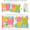 Finished Birthday Cake Pink photo layout showing layered birthday cake, colorful birthday candles, pink teal and green stars, birthday cake title phrase, bright photo mats, two page celebration layout, cake and candle embellishments, playful birthday party theme. Designed for Colorful Birthday Photo Layout, Birthday Party Memory Keeping Kit, pink teal green and yellow palette, birthday cake patterned paper, white polka dot papers, scalloped pink borders.