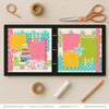 Birthday Cake Pink scrapbook page kit artwork with colorful birthday candles, pink teal and green stars, birthday cake title phrase, bright photo mats, two page celebration layout, cake and candle embellishments, playful birthday party theme, pink teal green and yellow palette. Designed for Birthday Party Memory Keeping Kit, Cake And Candles Scrapbook Kit, birthday cake patterned paper, white polka dot papers, scalloped pink borders, layered birthday cake.