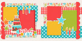 Two-page Birthday Cake Red scrapbook layout featuring pink teal green and yellow palette, birthday cake patterned paper, white polka dot papers, scalloped pink borders, layered birthday cake, colorful birthday candles, pink teal and green stars, birthday cake title phrase. Designed for Birthday Memories, Birthday Scrapbook Page Kit, bright photo mats, two page celebration layout, cake and candle embellishments, playful birthday party theme.