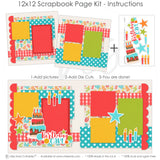 Finished Birthday Cake Red photo layout showing layered birthday cake, colorful birthday candles, pink teal and green stars, birthday cake title phrase, bright photo mats, two page celebration layout, cake and candle embellishments, playful birthday party theme. Designed for Colorful Birthday Photo Layout, Birthday Party Memory Keeping Kit, pink teal green and yellow palette, birthday cake patterned paper, white polka dot papers, scalloped pink borders.