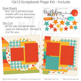 This Birthday Party kit features — 12x12 page kit, premade scrapbook pages, balloon die cuts, celebration kit, birthday party, pastel paper embellishments and photo mats, coordinated background patterns and journaling spots, birthday scrapbook, acid-free double-sided scrapbook supplies, birthday layout, party page kit, layered die cut titles for themed layouts, ready-to-glue title banners and photo frames, birthday memories, seasonal scrapbook page kits and die cuts
