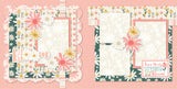 Two-page Bloom 12x12 scrapbook layout featuring soft blush pink background, dark teal floral pattern, cream daisy pattern, coral flower pattern, mustard floral accents, and pink striped paper. Designed for spring floral memories and favorite photos.