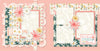 Two-page Bloom 12x12 scrapbook layout featuring soft blush pink background, dark teal floral pattern, cream daisy pattern, coral flower pattern, mustard floral accents, and pink striped paper. Designed for spring floral memories and favorite photos.