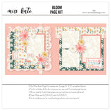 Bloom 12x12 scrapbook page kit cover featuring cream daisy pattern, coral flower pattern, mustard floral accents, pink striped paper, scalloped pink border, and cream floral photo mats. A coordinated premade layout for spring floral memories and favorite photos.