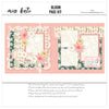 Bloom 12x12 scrapbook page kit cover featuring cream daisy pattern, coral flower pattern, mustard floral accents, pink striped paper, scalloped pink border, and cream floral photo mats. A coordinated premade layout for spring floral memories and favorite photos.