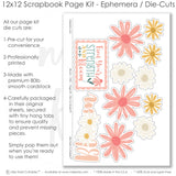 Bloom scrapbook die cuts and ephemera sheet featuring mustard floral accents, pink striped paper, scalloped pink border, cream floral photo mats, pink photo frames, and coral daisies. Coordinating paper embellishments for spring floral memories and favorite photos.