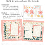 Bloom scrapbook page kit includes two coordinated 12x12 printed base sheets with matching die cuts and embellishments. Designed for spring floral memories and favorite photos.