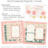 Bloom scrapbook page kit includes two coordinated 12x12 printed base sheets with matching die cuts and embellishments. Designed for spring floral memories and favorite photos.