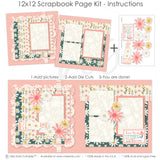 Bloom 12x12 scrapbook page kit instruction image showing the completed two-page layout and placement of coordinating papers, die cuts, and photo areas. Designed for spring floral memories and favorite photos.