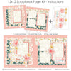 Bloom 12x12 scrapbook page kit instruction image showing the completed two-page layout and placement of coordinating papers, die cuts, and photo areas. Designed for spring floral memories and favorite photos.