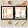 Bloom scrapbook page kit shown in a memory album binder mockup with the finished two-page layout. A coordinated way to preserve spring floral memories and favorite photos.