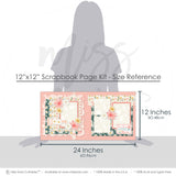 Bloom 12x12 scrapbook page kit size reference image showing the scale of the coordinated two-page layout, printed papers, and embellishments for spring floral memories and favorite photos.