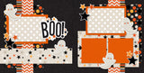 Two-page Boo scrapbook layout featuring black star background, orange chevron pattern, black orange polka dots, cream star pattern, black orange stripes, cream polka dot paper, orange photo mats, orange cardstock blocks. Designed for Halloween Ghost Memories, Halloween Scrapbook Page Kit, smiling white ghosts, curved ghost tails, black orange stars, small cream stars, BOO title die cut, black orange cream palette, layered geometric paper strips, playful Halloween embellishments.