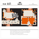 Boo 12x12 scrapbook page kit shown with orange chevron pattern, black orange polka dots, cream star pattern, black orange stripes, cream polka dot paper, orange photo mats, orange cardstock blocks, smiling white ghosts. Designed for Halloween Scrapbook Page Kit, Ghost Scrapbook Layout Kit, curved ghost tails, black orange stars, small cream stars, BOO title die cut, black orange cream palette, layered geometric paper strips, playful Halloween embellishments, black star background.