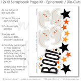 Coordinated Boo memory-keeping layout with black orange polka dots, cream star pattern, black orange stripes, cream polka dot paper, orange photo mats, orange cardstock blocks, smiling white ghosts, curved ghost tails. Designed for Ghost Scrapbook Layout Kit, Cute Halloween Scrapbook Pages, black orange stars, small cream stars, BOO title die cut, black orange cream palette, layered geometric paper strips, playful Halloween embellishments, black star background, orange chevron pattern.