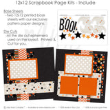 Detailed Boo scrapbook design featuring cream star pattern, black orange stripes, cream polka dot paper, orange photo mats, orange cardstock blocks, smiling white ghosts, curved ghost tails, black orange stars. Designed for Cute Halloween Scrapbook Pages, Trick Or Treat Scrapbook Kit, small cream stars, BOO title die cut, black orange cream palette, layered geometric paper strips, playful Halloween embellishments, black star background, orange chevron pattern, black orange polka dots.