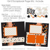 Detailed Boo scrapbook design featuring cream star pattern, black orange stripes, cream polka dot paper, orange photo mats, orange cardstock blocks, smiling white ghosts, curved ghost tails, black orange stars. Designed for Cute Halloween Scrapbook Pages, Trick Or Treat Scrapbook Kit, small cream stars, BOO title die cut, black orange cream palette, layered geometric paper strips, playful Halloween embellishments, black star background, orange chevron pattern, black orange polka dots.