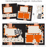 Finished Boo photo layout showing black orange stripes, cream polka dot paper, orange photo mats, orange cardstock blocks, smiling white ghosts, curved ghost tails, black orange stars, small cream stars. Designed for Trick Or Treat Scrapbook Kit, Halloween Party Scrapbook Layout, BOO title die cut, black orange cream palette, layered geometric paper strips, playful Halloween embellishments, black star background, orange chevron pattern, black orange polka dots, cream star pattern.