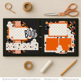Boo scrapbook page kit artwork with cream polka dot paper, orange photo mats, orange cardstock blocks, smiling white ghosts, curved ghost tails, black orange stars, small cream stars, BOO title die cut. Designed for Halloween Party Scrapbook Layout, Costume Memories Scrapbook Pages, black orange cream palette, layered geometric paper strips, playful Halloween embellishments, black star background, orange chevron pattern, black orange polka dots, cream star pattern, black orange stripes.