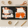 Boo scrapbook page kit artwork with cream polka dot paper, orange photo mats, orange cardstock blocks, smiling white ghosts, curved ghost tails, black orange stars, small cream stars, BOO title die cut. Designed for Halloween Party Scrapbook Layout, Costume Memories Scrapbook Pages, black orange cream palette, layered geometric paper strips, playful Halloween embellishments, black star background, orange chevron pattern, black orange polka dots, cream star pattern, black orange stripes.