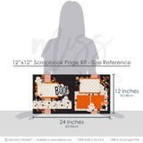 Coordinating Boo papers and die cuts featuring orange photo mats, orange cardstock blocks, smiling white ghosts, curved ghost tails, black orange stars, small cream stars, BOO title die cut, black orange cream palette. Designed for Costume Memories Scrapbook Pages, Spooky Cute Scrapbook Kit, layered geometric paper strips, playful Halloween embellishments, black star background, orange chevron pattern, black orange polka dots, cream star pattern, black orange stripes, cream polka dot paper.
