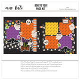 Boo To You 12x12 scrapbook page kit cover featuring purple polka dots, orange polka dots, yellow polka dots, striped orange black white paper, small white ghost pattern, and cute white ghosts. A coordinated premade layout for Halloween memories and favorite photos.