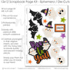 Boo To You scrapbook die cuts and ephemera sheet featuring yellow polka dots, striped orange black white paper, small white ghost pattern, cute white ghosts, ghost witch hats, and black cartoon bats. Coordinating paper embellishments for Halloween memories and favorite photos.