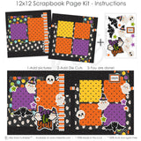 Boo To You 12x12 scrapbook page kit instruction image showing the completed two-page layout and placement of coordinating papers, die cuts, and photo areas. Designed for Halloween memories and favorite photos.