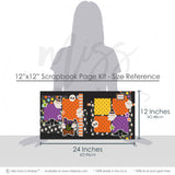 Boo To You 12x12 scrapbook page kit size reference image showing the scale of the coordinated two-page layout, printed papers, and embellishments for Halloween memories and favorite photos.
