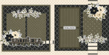 Two-page Brothers scrapbook layout featuring black cream floral clusters, olive green leaves, cream roses, black flowers, berry sprigs, leafy floral borders, brothers title die cut, siblings label die cut. Designed for Brother Memories, Brother Scrapbook Page Kit, black diamond lattice pattern, cream polka dot border, olive polka dot paper, black cream stripe accents, olive tone photo mats, layered floral corners, neutral masculine palette, botanical sibling theme.