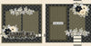 Two-page Brothers scrapbook layout featuring black cream floral clusters, olive green leaves, cream roses, black flowers, berry sprigs, leafy floral borders, brothers title die cut, siblings label die cut. Designed for Brother Memories, Brother Scrapbook Page Kit, black diamond lattice pattern, cream polka dot border, olive polka dot paper, black cream stripe accents, olive tone photo mats, layered floral corners, neutral masculine palette, botanical sibling theme.