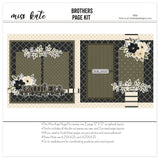 Brothers 12x12 scrapbook page kit shown with olive green leaves, cream roses, black flowers, berry sprigs, leafy floral borders, brothers title die cut, siblings label die cut, black diamond lattice pattern. Designed for Brother Scrapbook Page Kit, Brothers Family Scrapbook Layout, cream polka dot border, olive polka dot paper, black cream stripe accents, olive tone photo mats, layered floral corners, neutral masculine palette, botanical sibling theme, black cream floral clusters.