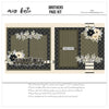 Brothers 12x12 scrapbook page kit shown with olive green leaves, cream roses, black flowers, berry sprigs, leafy floral borders, brothers title die cut, siblings label die cut, black diamond lattice pattern. Designed for Brother Scrapbook Page Kit, Brothers Family Scrapbook Layout, cream polka dot border, olive polka dot paper, black cream stripe accents, olive tone photo mats, layered floral corners, neutral masculine palette, botanical sibling theme, black cream floral clusters.