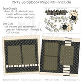 Detailed Brothers scrapbook design featuring black flowers, berry sprigs, leafy floral borders, brothers title die cut, siblings label die cut, black diamond lattice pattern, cream polka dot border, olive polka dot paper. Designed for Sibling Memories Scrapbook Kit, Brother Photo Album Pages, black cream stripe accents, olive tone photo mats, layered floral corners, neutral masculine palette, botanical sibling theme, black cream floral clusters, olive green leaves, cream roses.