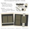 Detailed Brothers scrapbook design featuring black flowers, berry sprigs, leafy floral borders, brothers title die cut, siblings label die cut, black diamond lattice pattern, cream polka dot border, olive polka dot paper. Designed for Sibling Memories Scrapbook Kit, Brother Photo Album Pages, black cream stripe accents, olive tone photo mats, layered floral corners, neutral masculine palette, botanical sibling theme, black cream floral clusters, olive green leaves, cream roses.