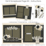 Finished Brothers photo layout showing berry sprigs, leafy floral borders, brothers title die cut, siblings label die cut, black diamond lattice pattern, cream polka dot border, olive polka dot paper, black cream stripe accents. Designed for Brother Photo Album Pages, Family Brothers Memory Keeping, olive tone photo mats, layered floral corners, neutral masculine palette, botanical sibling theme, black cream floral clusters, olive green leaves, cream roses, black flowers.