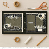 Brothers scrapbook page kit artwork with leafy floral borders, brothers title die cut, siblings label die cut, black diamond lattice pattern, cream polka dot border, olive polka dot paper, black cream stripe accents, olive tone photo mats. Designed for Family Brothers Memory Keeping, Brother Relationship Scrapbook Pages, layered floral corners, neutral masculine palette, botanical sibling theme, black cream floral clusters, olive green leaves, cream roses, black flowers, berry sprigs.