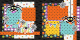 Two-page Chills & Thrills 12x12 scrapbook layout featuring black bat background, multicolor circle pattern, white bubble pattern, orange polka dots, aqua polka dots, and yellow polka dots. Designed for spider Halloween memories and favorite photos.
