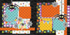 Two-page Chills & Thrills 12x12 scrapbook layout featuring black bat background, multicolor circle pattern, white bubble pattern, orange polka dots, aqua polka dots, and yellow polka dots. Designed for spider Halloween memories and favorite photos.